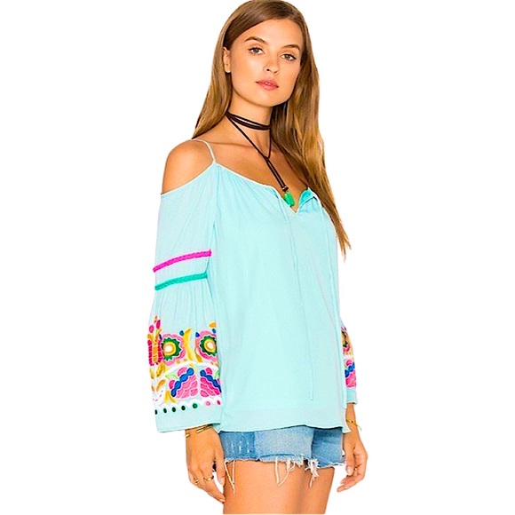 Vava by Joy Han size medium boho hippie cold shoulder floral bell sleeve shirt - Picture 2 of 16